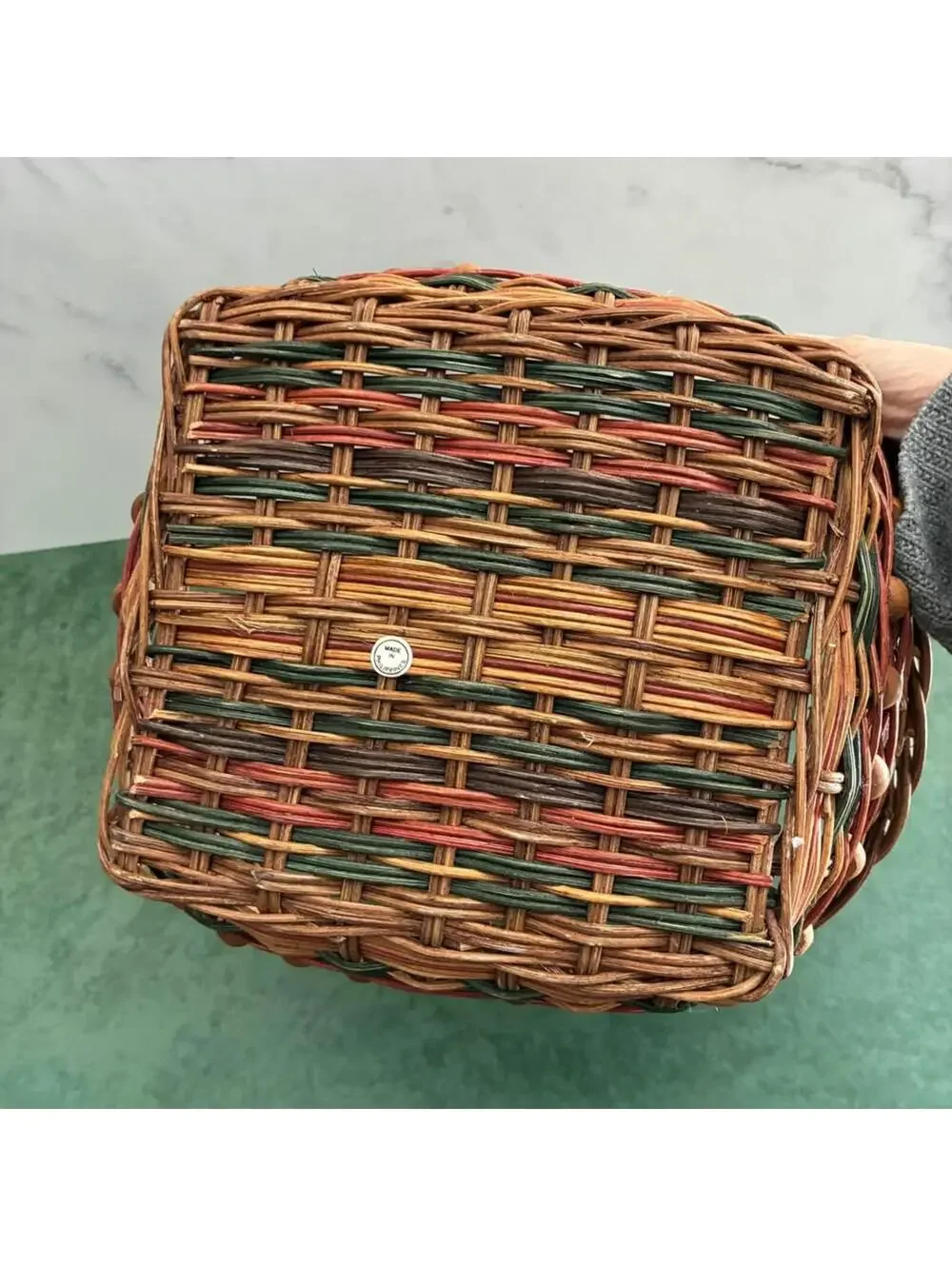 Vintage Woven Wicker Gathering Basket Wood Bead Trim Bentwood Handle Cottage